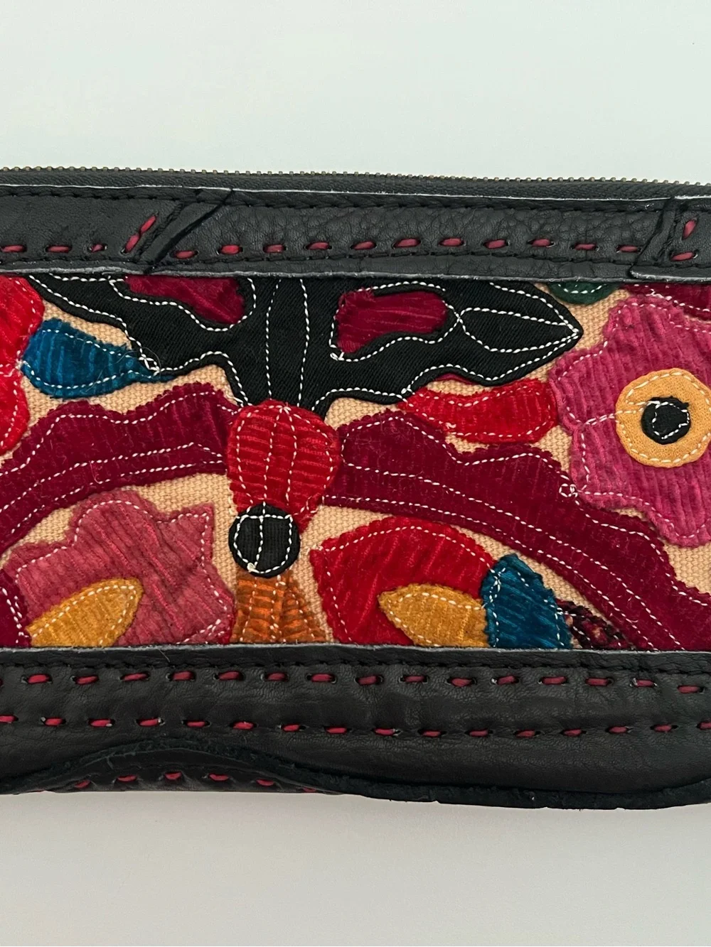 PRANEE Black Leather Wristlet with Multicolor Embroidered Panel